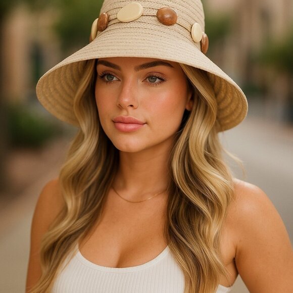 Vintage Accessories - VINTAGE FRED BARE London Straw Floppy Hat Wide Brim Craft Buttons Boho Hippie
